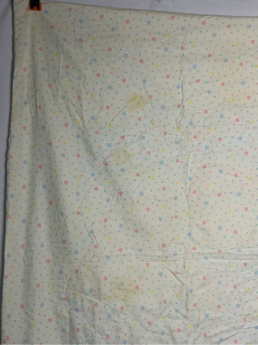 Vtg Pastel Baby Quilt Bears Duck Blocks Elephant Blanket 33X42